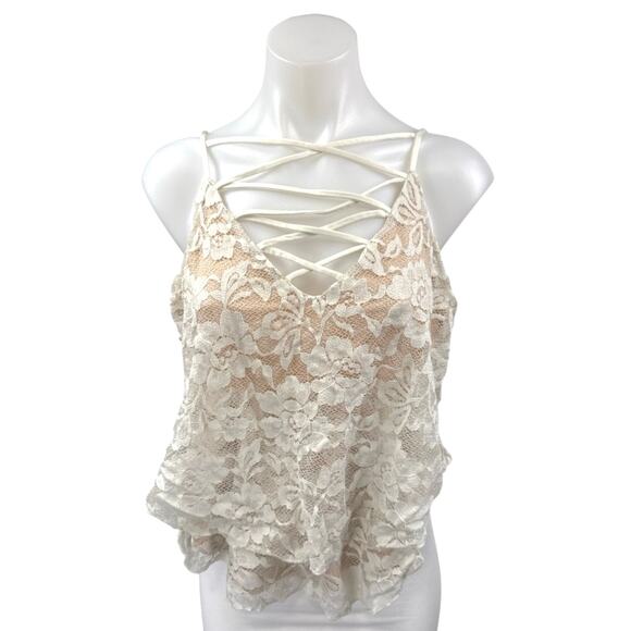 Express Cream Floral Lace Lined Sleeveless Crisscross Cami Camisole Tank Top M - Picture 2 of 5